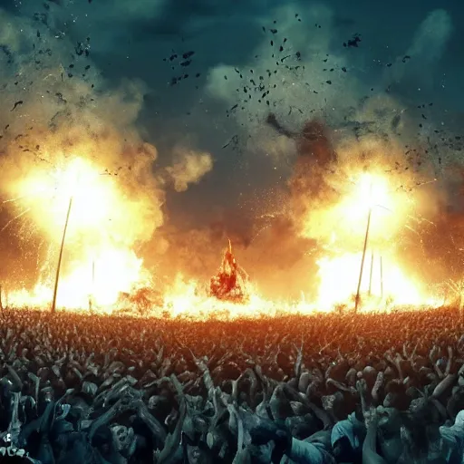 Image similar to the biggest mosh pit in the world, punks throwing Molotovs in the air, fighting, flame and fire, glowing upside cross, cinematic, epic, volumetric, godrays, dynamic lighting, dust flying up into the air, people shooting into the air with guns, octane render, photorealistic, unreal engine, artstation, artstation trending, artstation hq, artstation hd, Pinterest, 8k, ultra detailed, ultra realistic,