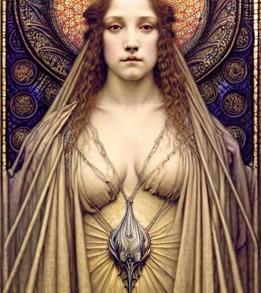 Image similar to detailed realistic beautiful young medieval queen face portrait by jean delville, gustave dore and marco mazzoni, art nouveau, symbolist, visionary, gothic, pre - raphaelite. horizontal symmetry