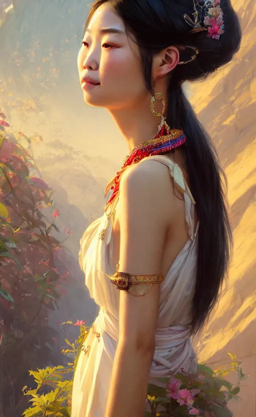 Image similar to a beautiful taiwan goddess with sundress with jewelry | | winter, realistic shaded, unpleasant face, good looking, fine details, realistic shaded lighting poster by greg rutkowski, magali villeneuve, artgerm, jeremy lipkin and michael garmash and macoto takahashi