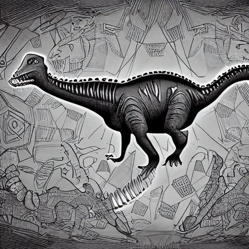 Prompt: Incredible complex geometric dinosaur art paleontology illustrations