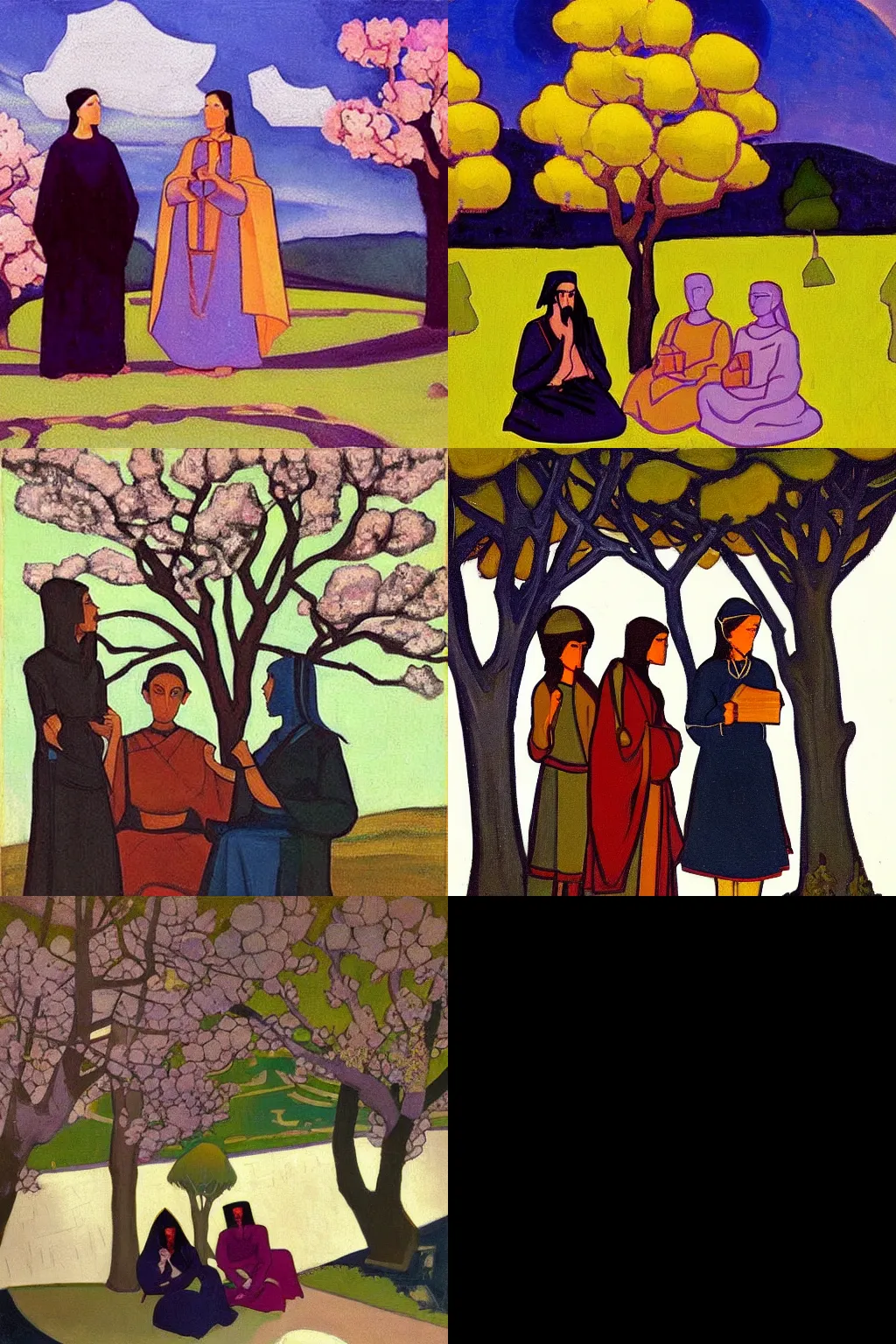 Prompt: an hd painting by nicholas roerich. three goths loitering in the shade, talking beneath a cherry tree outside a blockbuster video store.