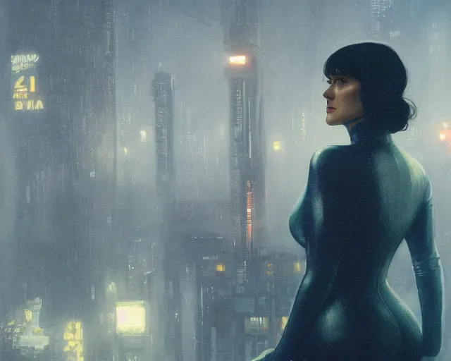 Prompt: 2 0 1 9 blade runner movie still salma hayek look at the cityscape from roof perfect face fine realistic face pretty face reflective polymer suit tight neon puffy jacket blue futuristic sci - fi elegant by denis villeneuve tom anders zorn hans dragan bibin thoma greg rutkowski ismail inceoglu illustrated sand storm alphonse mucha