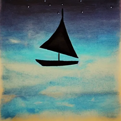 Image similar to a sailboat flying in the sky by night, mixed media, whimsical, dark vibe