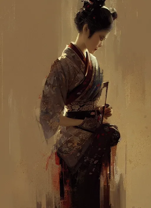 Image similar to female geisha girl, beautiful face, rule of thirds, intricate outfit, spotlight, by greg rutkowski, by jeremy mann, digital painting