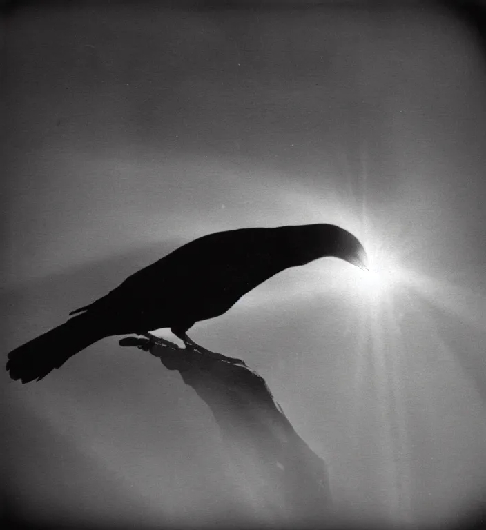 Prompt: wide angle, dark old polaroid of a ethereal raven bird, being illuminated by few sun rays, black and white