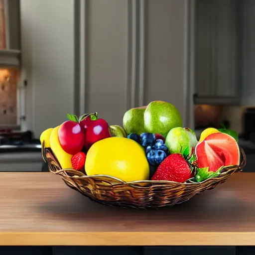 Prompt: a fruit basket on top of a kitchen table, bronze statue