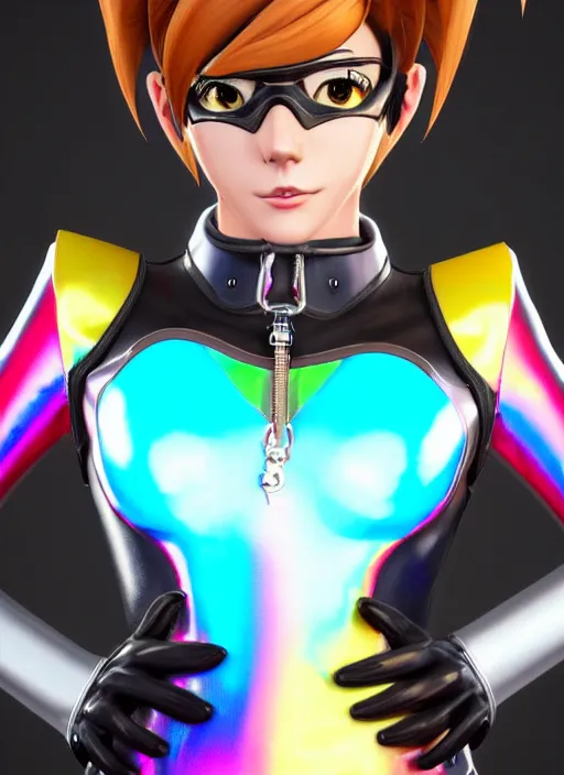 Image similar to portrait bust digital artwork of tracer overwatch, wearing iridescent rainbow latex and leather straps catsuit outfit, 4 k, expressive happy whistling face, makeup, in style of mark arian, angel wings, wearing detailed leather collar, chains, black leather harness, detailed face and eyes,