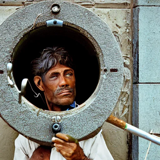 Prompt: closeup portrait of a man with a fishing rod fishing at a manhole in a new york street , by Annie Leibovitz and Steve McCurry, natural light, detailed face, CANON Eos C300, ƒ1.8, 35mm, 8K, medium-format print