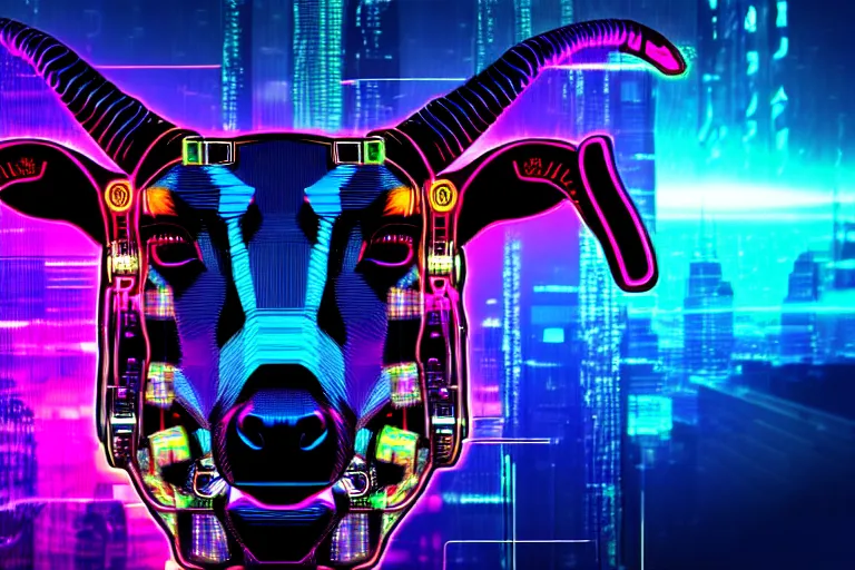 Image similar to complex cyberpunk machine background merged with evil cybernetic goat head in center focus, multicolored digital art