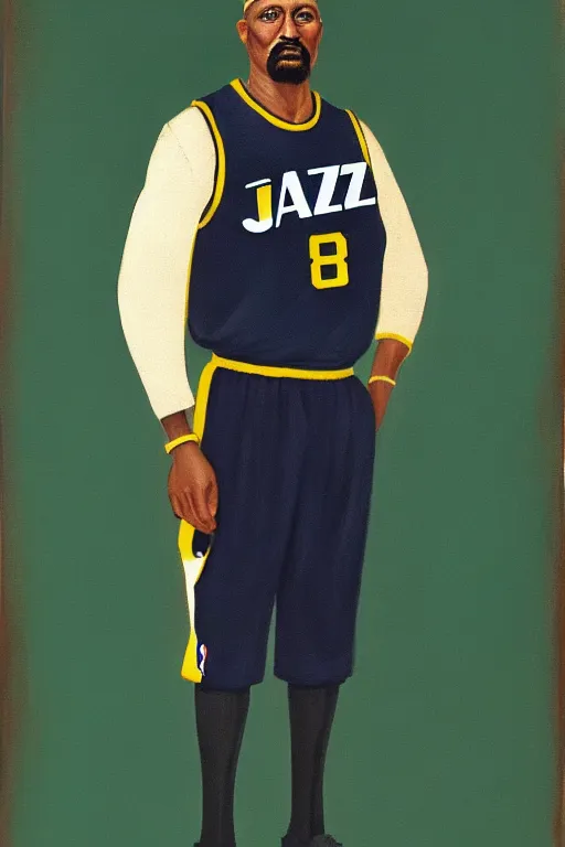 Image similar to full body portrait of the dictator of the nba utah jazz, 1 8 8 9, in full military garb, navy, green, yellow, oil on canvas by william sidney mount, trending on artstation