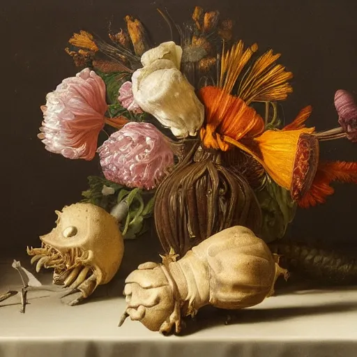 Prompt: dutch golden age still life, withered flowers, isopods crawling, otto marseus van schrieck still life, dutch golden age painting, dramatic lighting, cinematic lighting, willem van aelst still life, elias van den broeck painting still life, christiaen striep still life, rachel ruysch flowers, oil on canvas, highly detailed, vanitas baroque painting