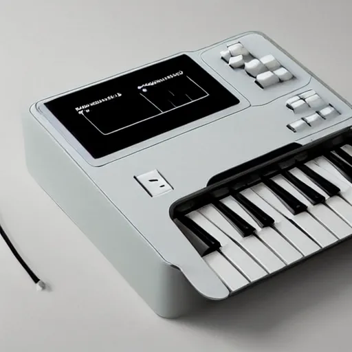 Prompt: “Futuristic attractive stylish minimalist analytical pocket synthesizer with physical keyboard designed by Dieter Rams”