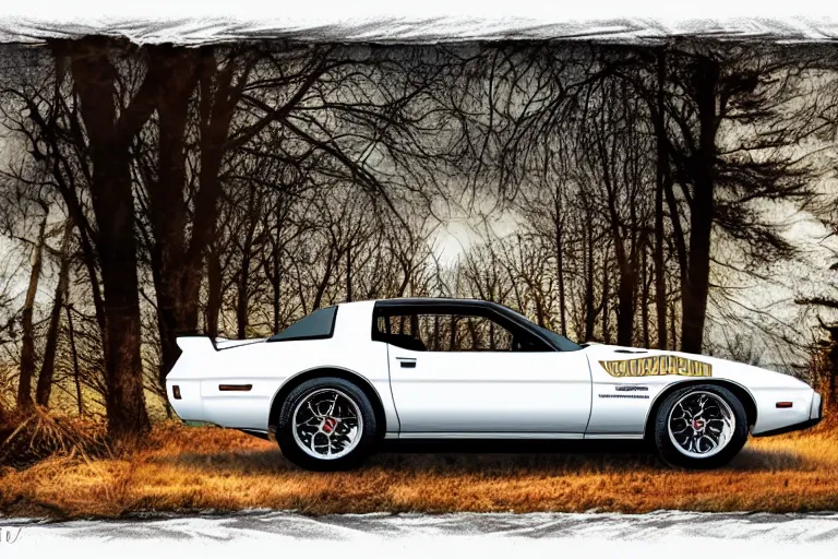 Image similar to reflective white pontiac firebird with kittens drawn on it, dramatic, cinematic, forest, volumetric lighting