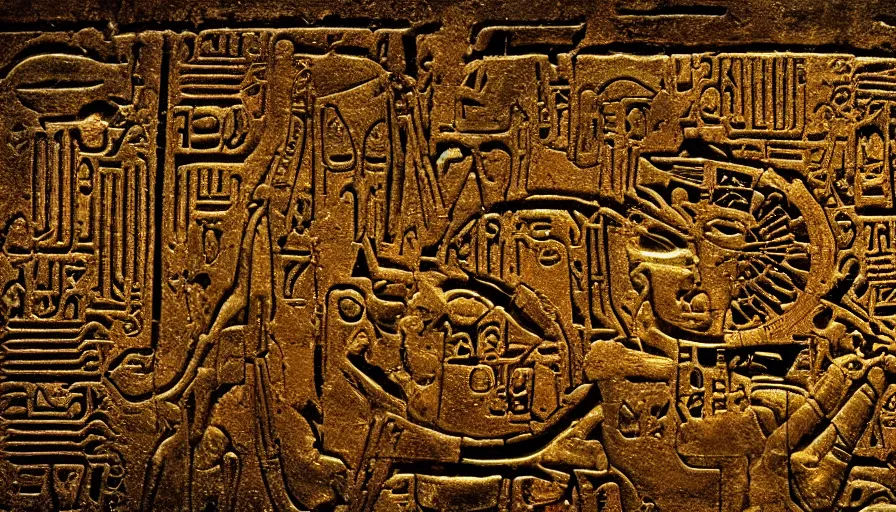 Image similar to h. r. giger hieroglyphs, hieroglyphs showing aliens and planet, sorrow intense likely, gold plate, sense of decay given, throw into the abyssal despair, various refining techniques, micro macro auto focus, top photography photo art gallery, realistic photo, insane detail