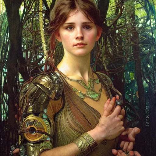 Image similar to a detailed, beautiful portrait oil painting of a girl who looks an 1 8 - year old, with a surprised expression, wearing intricate, full - plate iridescent armor in an ancient forest, by donato giancola, alphonse mucha, and john williams waterhouse