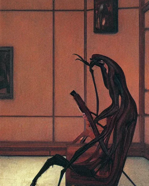 Prompt: a dark figure reading in a library with a large spider laughing, high angle. oil on canvas. in the style of Francis Bacon and Zdzislaw Beksinski, Edward Hopper and Norman Rockwell, highly detailed, very coherent, triadic color scheme, Victo Ngai and surrealism, airbrush, very coherent, triadic color scheme, art by Takato Yamamoto and James Jean