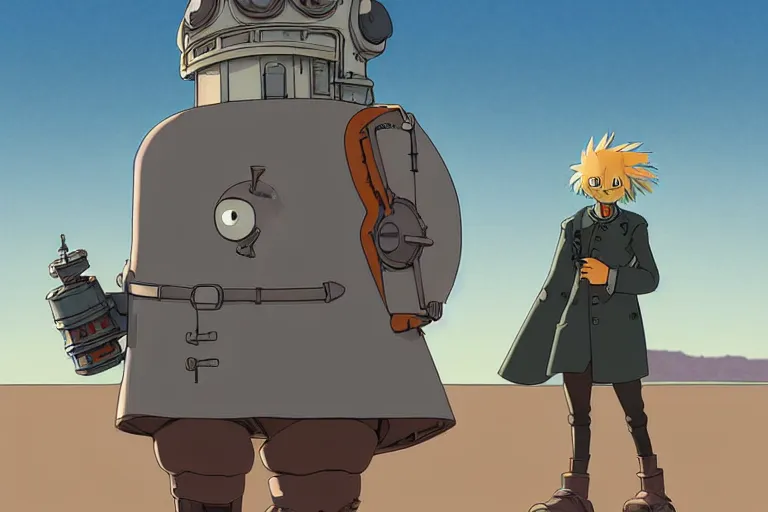 Prompt: a study of a cell shaded cartoon of a grey mechanized punk from howl's moving castle ( 2 0 0 4 ), on a desert road, full body, wide shot, very muted colors, post grunge, studio ghibli, laurie greasley, highly detailed, deviantart, art by artgem