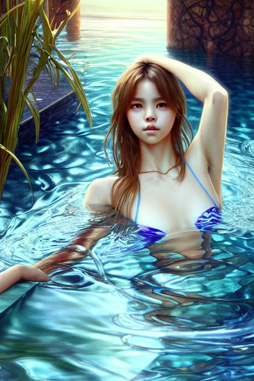 Prompt: beautiful half body digital painting of lalisa emerging from pool of water with high detail, face, 8 k, stunning detail, photo by artgerm, greg rutkowski and alphonse mucha, unreal engine 5, 4 k uhd