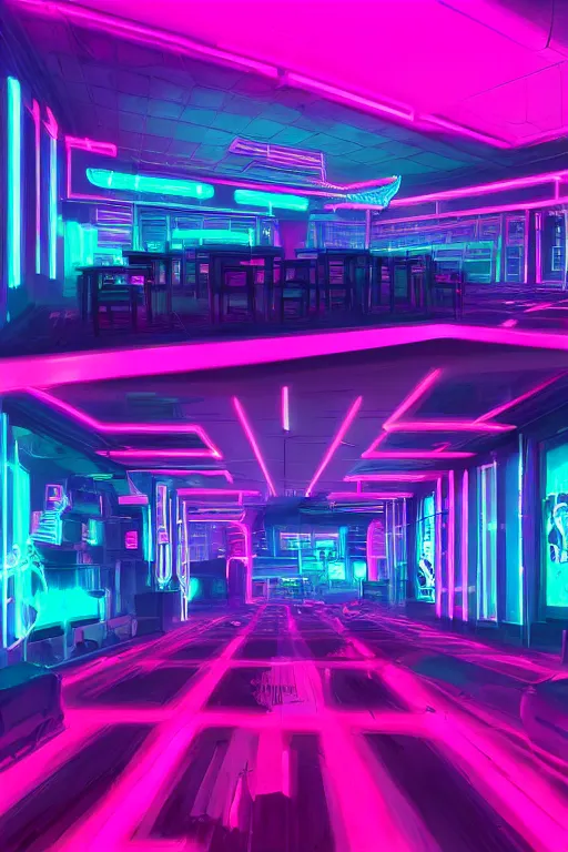 Prompt: cyberpunk synthwave nightclub interior, pink neon lights, futuristic, cgsociety, in the style of artstation