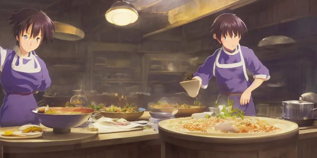 Image similar to a wholesome animation key shot of violet evergarden cooking tasty ramen in the kitchen, medium shot, waist up, studio Ghibli, Pixar and Disney animation, sharp, Rendered in Unreal Engine 5, anime key art by Greg Rutkowski, Bloom, dramatic lighting