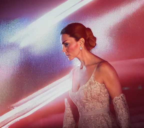 Image similar to a pov shot, color cinema film still kate middleton wearing a white lace dress in blade runner 2 0 4 9, cinematic lighting at night.