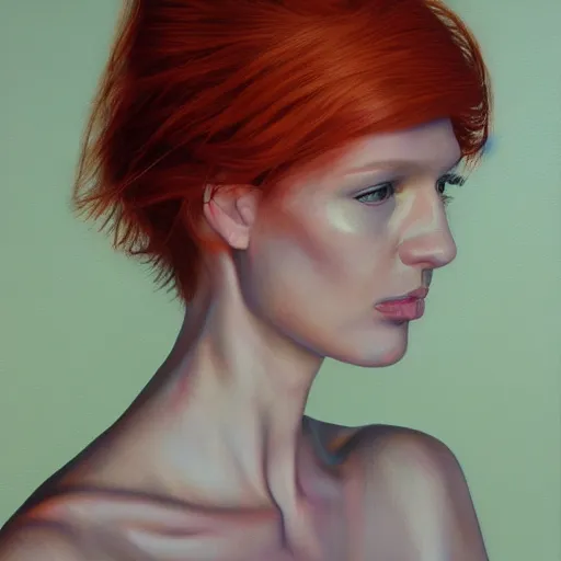 Image similar to hyperrealism oil painting of redhead emotional fashion model portrait