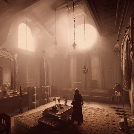 Image similar to A room full of people, vampires, high ceiling, victorian, soft light, ominous, photorealistic, detailed, 8k