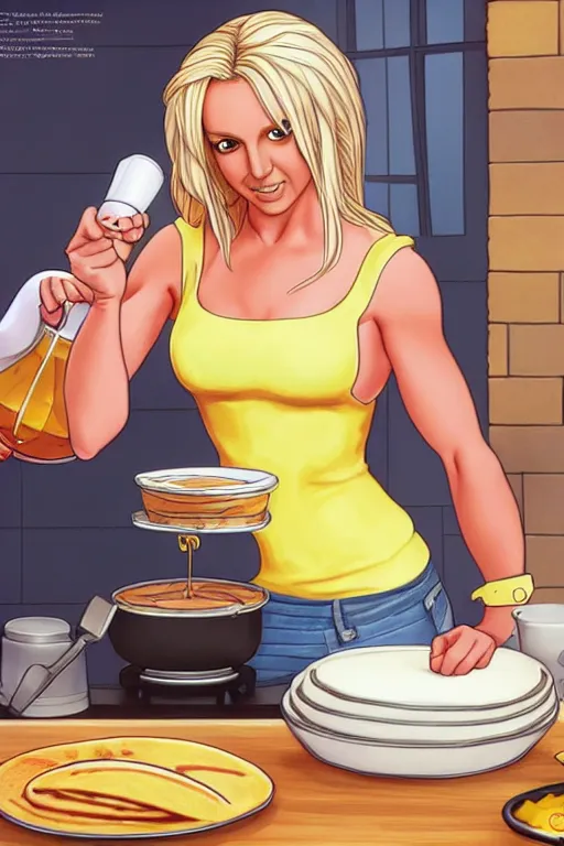 Image similar to britney spears making pancakes, animation pixar style, by pendleton ward, magali villeneuve, artgerm, rob rey and kentaro miura style, golden ratio, trending on art station