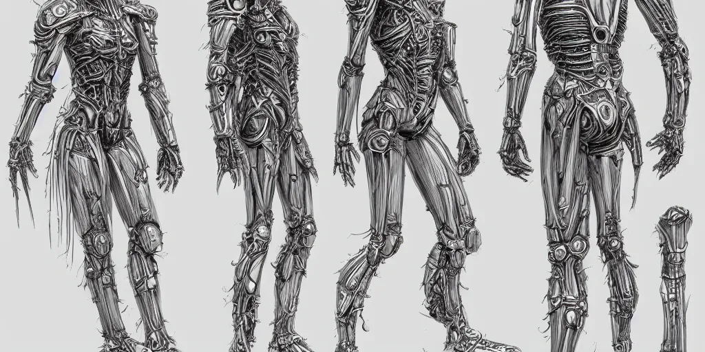 Prompt: highly detailed character sheet, technical drawing, side view, biomechanical human game protagonist designs, side - scrolling 2 d platformer, art by h. r. giger and jonathan wayshak