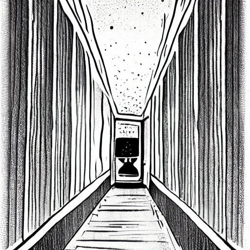 Prompt: cat's journey through dark corridors, illustration, black and white image, coarse grain, dramatic light