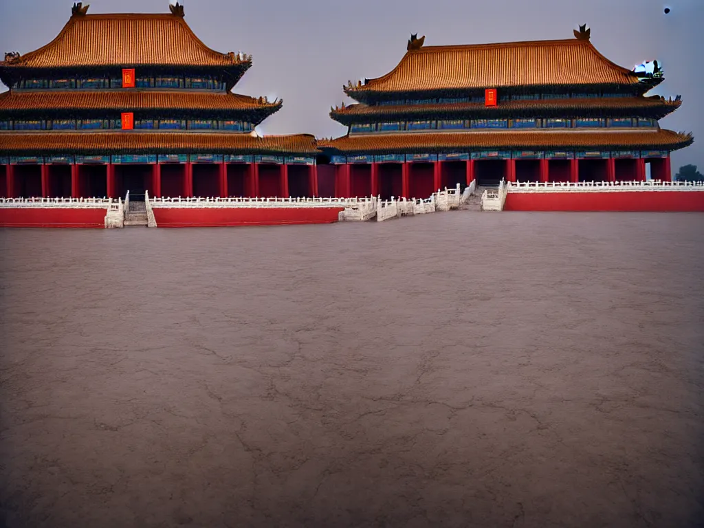 Prompt: kodak portra 4 0 0 photographic and realistic, the forbidden city, temple, night, moonlight, detailed, wide angle, floor flooded, how a river, objects that float, 3 5 mm, sharp focus, soft light, volumetric light, in the style of gregory crewdson