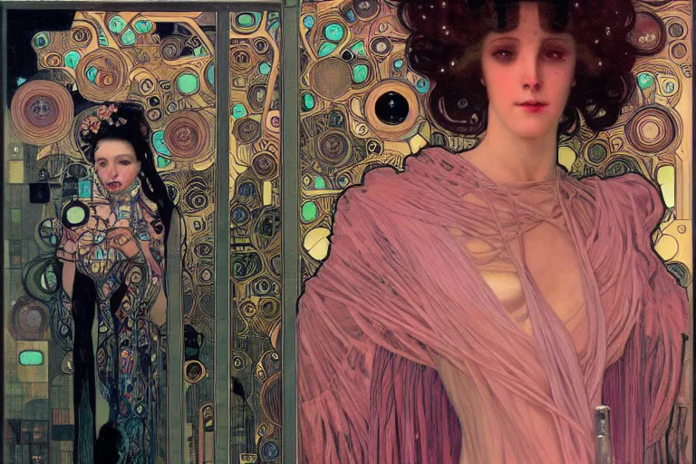 Image similar to symmetric, a dark woman android in a pastel pink dress, in a room full of neural networks and wires and computers, dark sci - fi, ai, 4 k realistic, artem demura. alphonse mucha, gustav klimt.