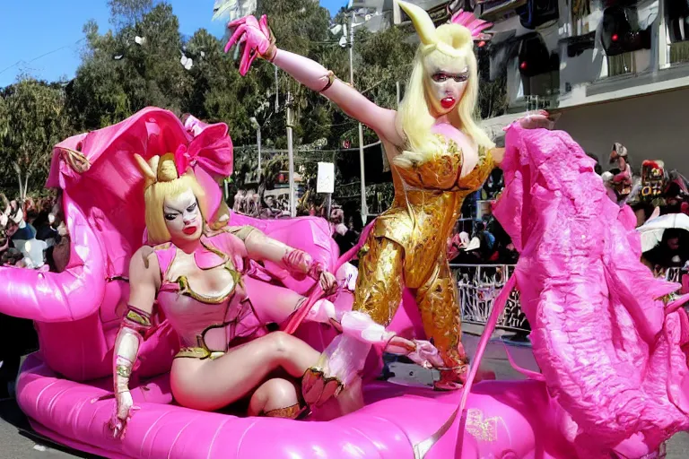 Image similar to Angelyne fights Scorpion from Mortal Kombat on a float at the Rose Parade, painted by mark ryden,