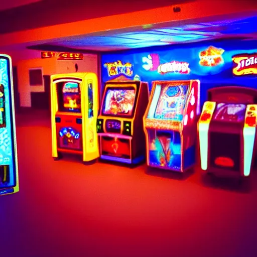 Image similar to beautiful fuzzy phonecamera photograph of an empty 9 0 s arcade