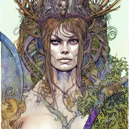 Image similar to a realistic and atmospheric watercolour fantasy character concept art portrait of brigitte bardot as a druidic warrior wizard looking at the camera with an intelligent gaze by rebecca guay, michael kaluta, charles vess and jean moebius giraud