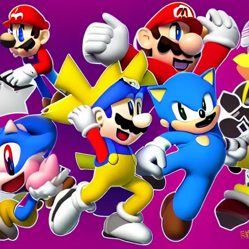 Image similar to super mario, kirby, sonic the hedgehog, super smash bros, star wars themed movie poster high detail accurate eyes and good gesture poses, pokemon anime cartoon style