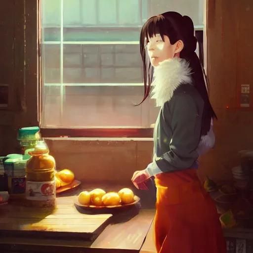 Image similar to a photography of a woman Grocer with frock,looks like Ziyi Zhang ponytail, grocery store around，winter,anime style character, clean soft lighting, backlit beautiful face, Oil painting, by Ilya Kuvshinov, Greg Rutkowski and Makoto Shinkai