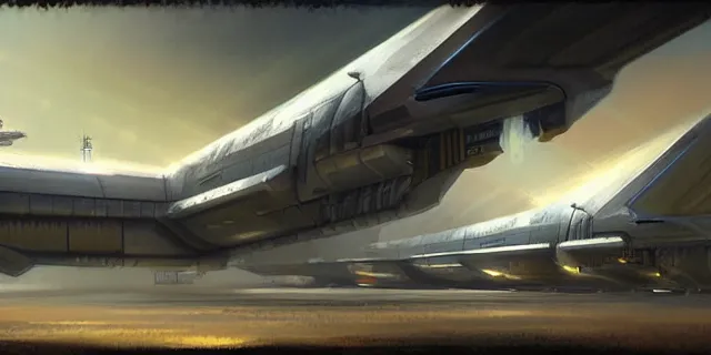 Image similar to a painting of a sci fi hangar, by charlie bowater