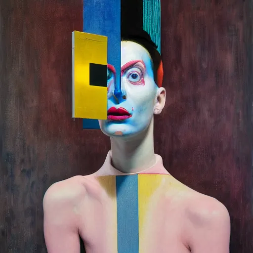 Image similar to portrait of a morphed harlequin sitting on a stool looking into a mirror doing makeup by james jean and luc tuymans and beeple and hernan bas and pat steir and hilma af klint, psychological, 3 d, dripping paint, high quality render, masterpiece