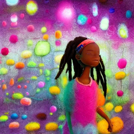 Image similar to a black girl with a colorful dreadloks, in a candy forest! at night, bokeh, bright colours, watercolor, volumetric wool felting, macro photography, children illustration, by goro fujita