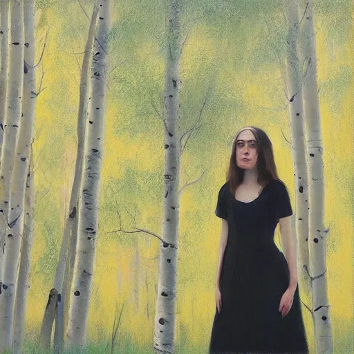 Prompt: “ woman with long hair, summer dress, standing between aspen trees in an aspen forest, style of jeremy lipking, joseph todorovitch ”