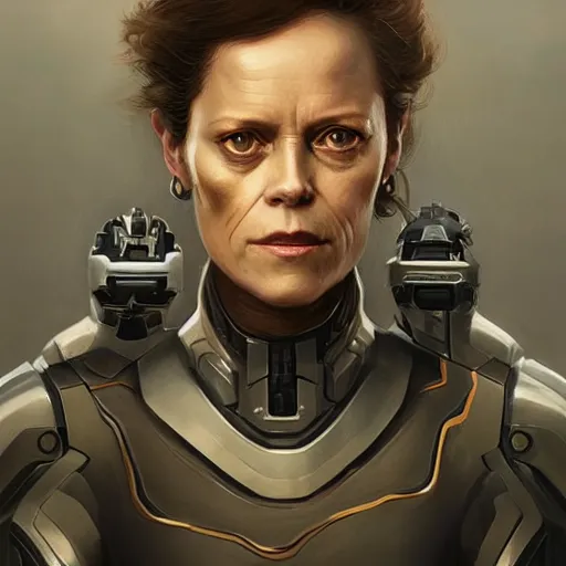 Image similar to portrait of a woman by greg rutkowski, she looks like sigourney weaver, she is wearing a cybernetic heavy armor gear, highly detailed portrait, digital painting, artstation, concept art, smooth, sharp foccus ilustration, artstation hq