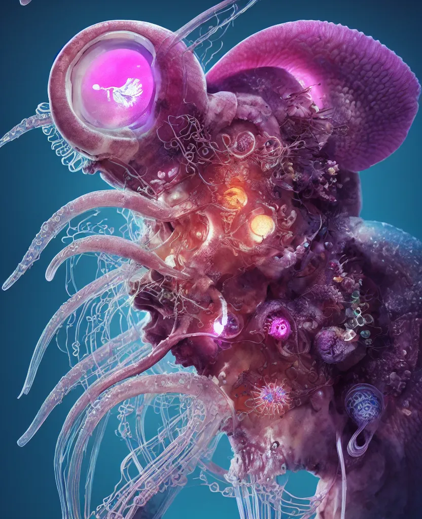 Image similar to goddess close-up portrait ram skull, thorax, x-ray, backbone, jellyfish phoenix head, nautilus, orchid, skull, betta fish, bioluminiscent creatures, intricate artwork by Tooth Wu and wlop and beeple. octane render, trending on artstation, greg rutkowski very coherent symmetrical artwork. cinematic, hyper realism, high detail, octane render, 8k