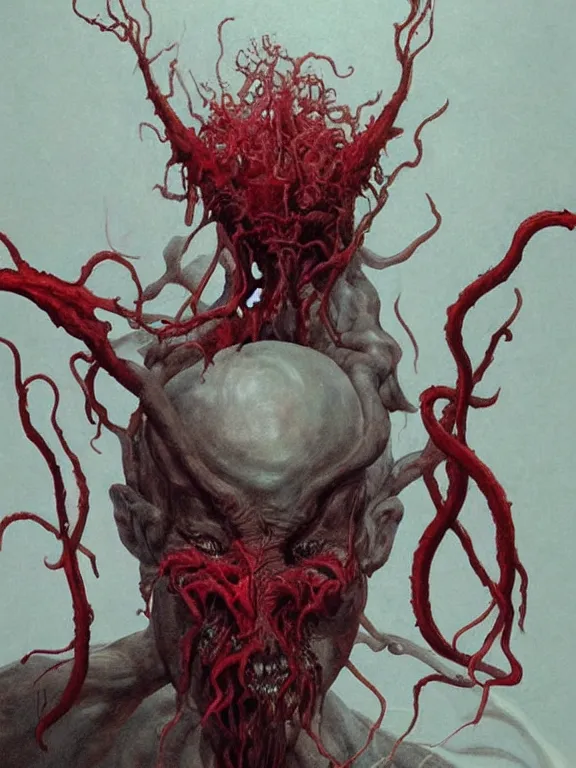 Image similar to painting by wayne barlowe of a flying sorrowful looking severed human head with tears running down it's eyes, face that is chalk white in color, with long sprawling white tentacles stemming down it's neck, fiery scorching red!!! eyes, flying in a terrying hellish dark scorching cave