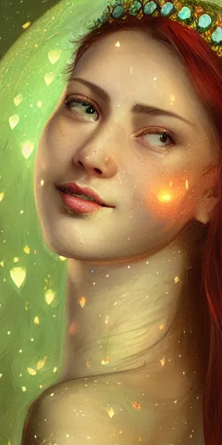 Image similar to young woman, serene smile, surrounded by golden firefly lights amidst nature, full covering intricate detailed dress, long red hair, precise linework, accurate green eyes, small nose with freckles, beautiful smooth oval shape face, empathic, expressive emotions, dramatic lights, hyper realistic ultrafine art by artemisia gentileschi, jessica rossier, boris vallejo