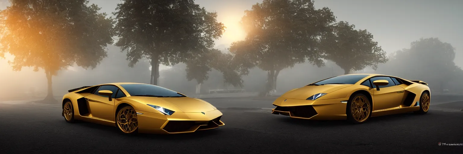 Image similar to parked lamborghini sian, fog, volumetric lighting, beautiful, golden hour, golden ratio, sharp focus, highly detailed, cgsociety