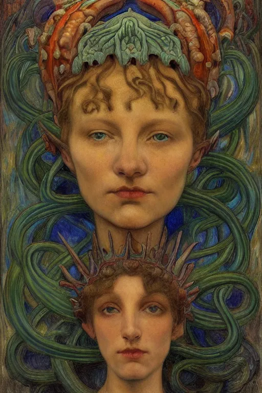 Image similar to the tentacle crown,by Annie Swynnerton and Diego Rivera and Elihu Vedder, symbolist, dramatic lighting, elaborate geometric ornament, Art Brut, bioluminescent, soft blues and greens,smooth, sharp focus, extremely detailed, Adolf Wölfli