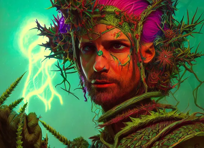 Prompt: A psychedelic portrait of cult fanatic (knights of the black sword) thorny vegepygmy , vibrant color scheme, highly detailed, in the style of romanticism, cinematic, artstation, Moebius, Greg rutkowski