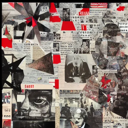 Prompt: a paper collage of armageddon, kurt schwitters, richard hamilton, joe webb, chambliss giobbi, lynn skordal, derek gores, barbara kruger, jacques villegle.