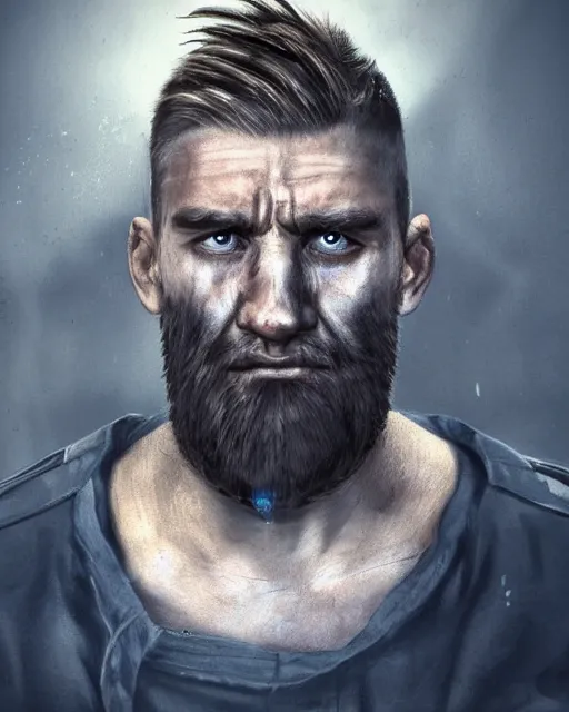 Image similar to portrait of muscular, tired and alcoholic 3 0 - year - old grieving man with short darkblonde hair, serious sad look in his eyes, looking down, dirty beard, blue eyes, crying tears, wearing dirty soldier uniform, on the desert, sad atmosphere, hyper realistic face, character art, art by mark brooks, cryengine, trending on artstation, digital art